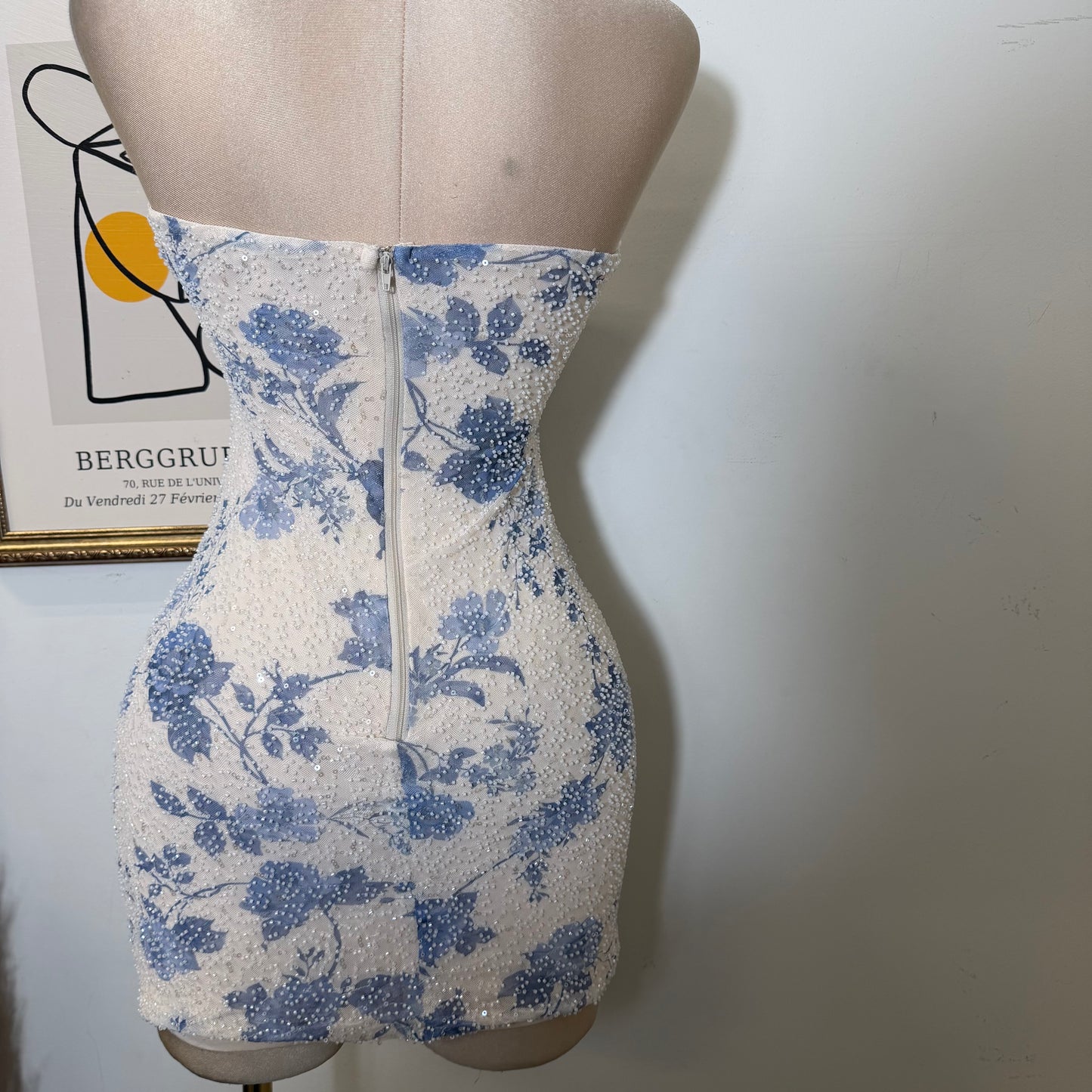 Floral beading pleated bust Bodycon Mini Dress-Ivory/Blue