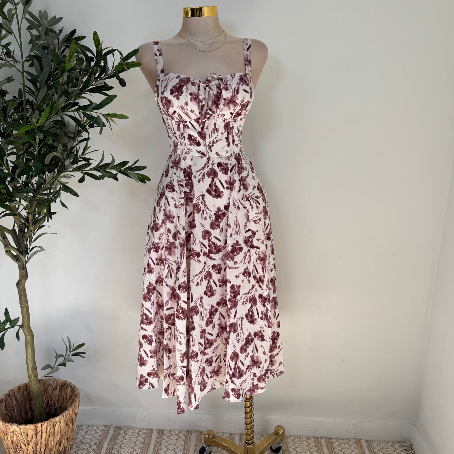 Picnic Corset Midi Dress-Burgundy/Cream