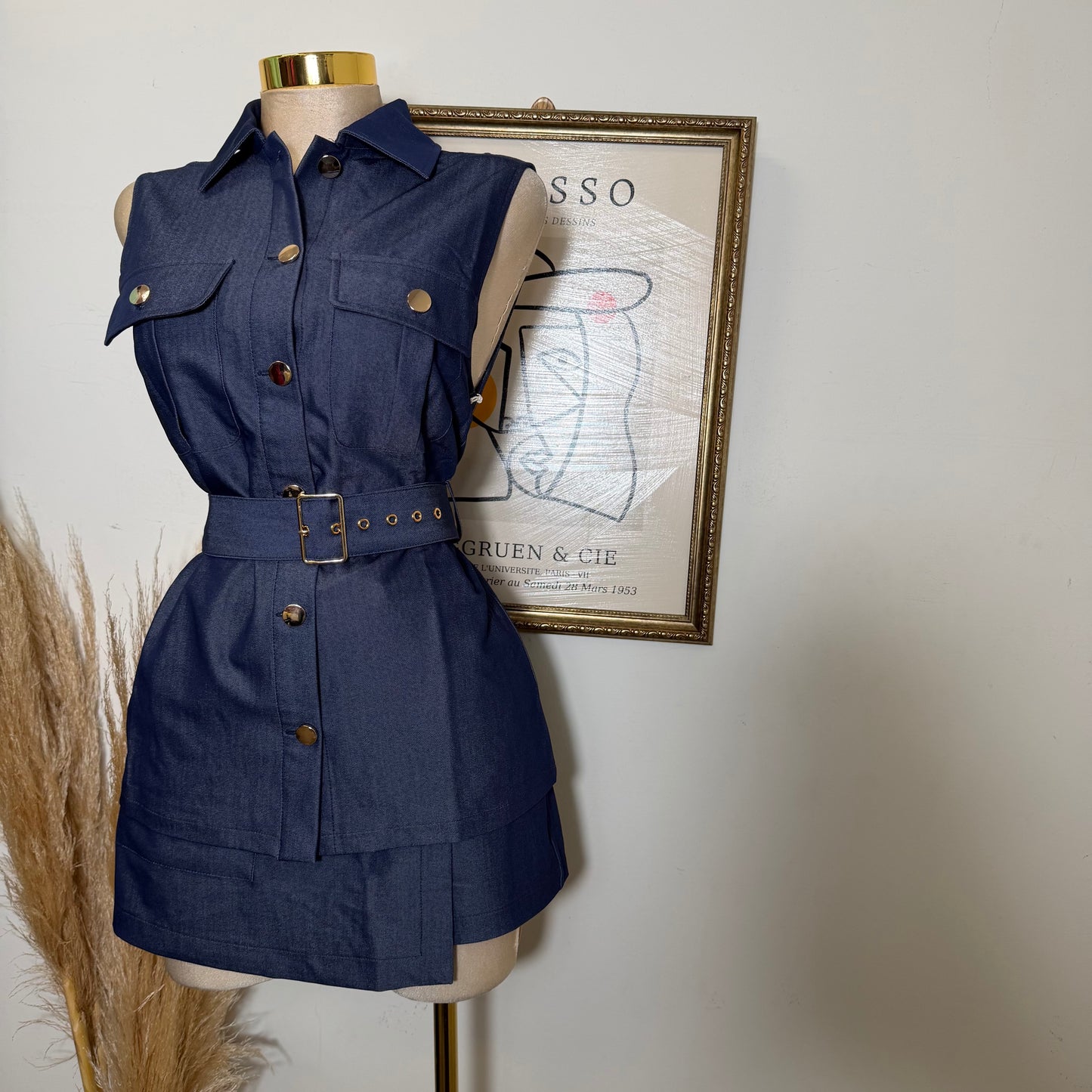 Denim Gold Buckle Belted Pocket Vest Skort Set-Dk Denim