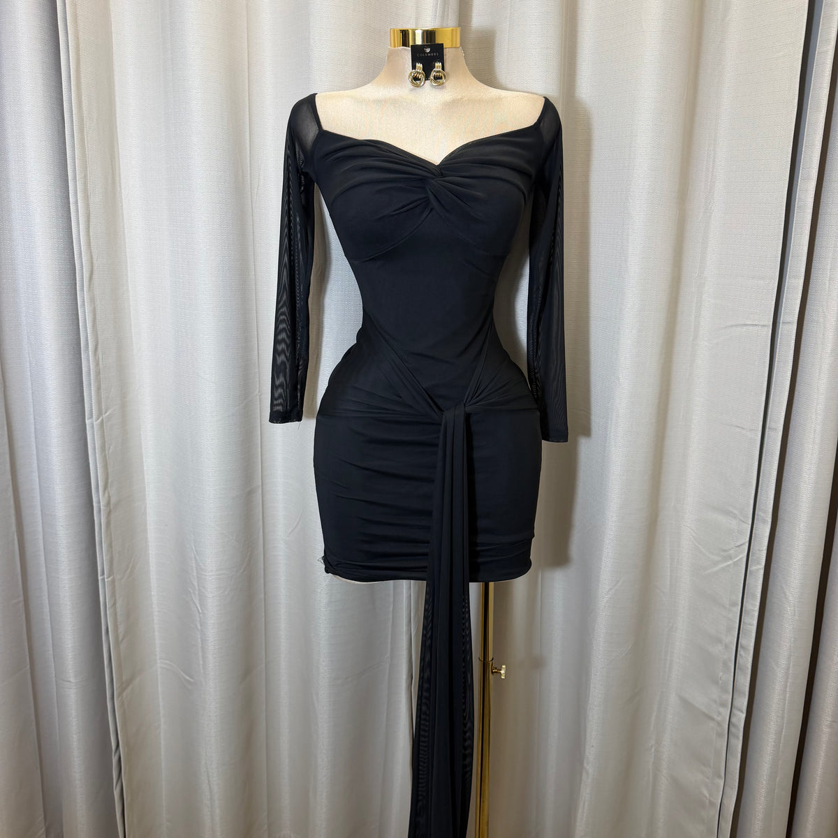 Long Sleeve Off Shoulder Mesh Dress-Black