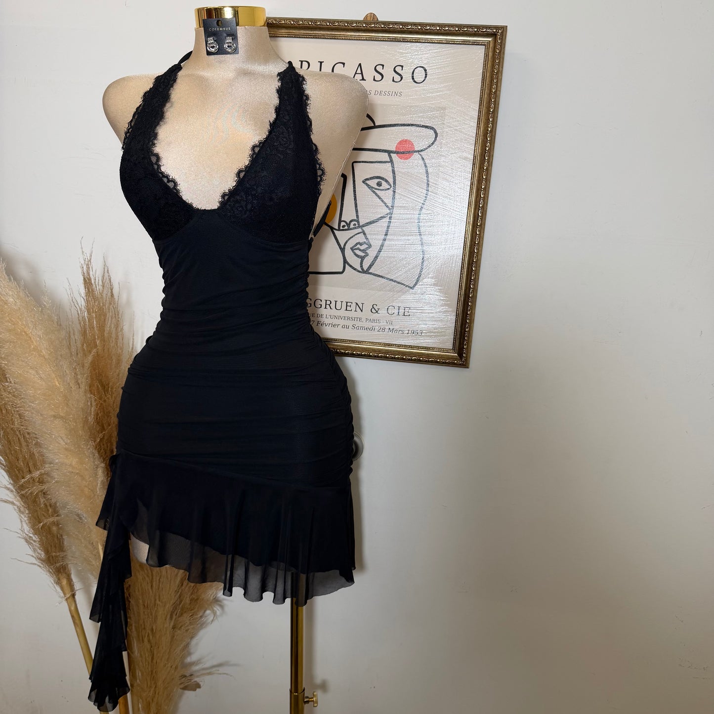 Asymmetrical Ruffle Mini Dress with Cross-Back Straps-Black