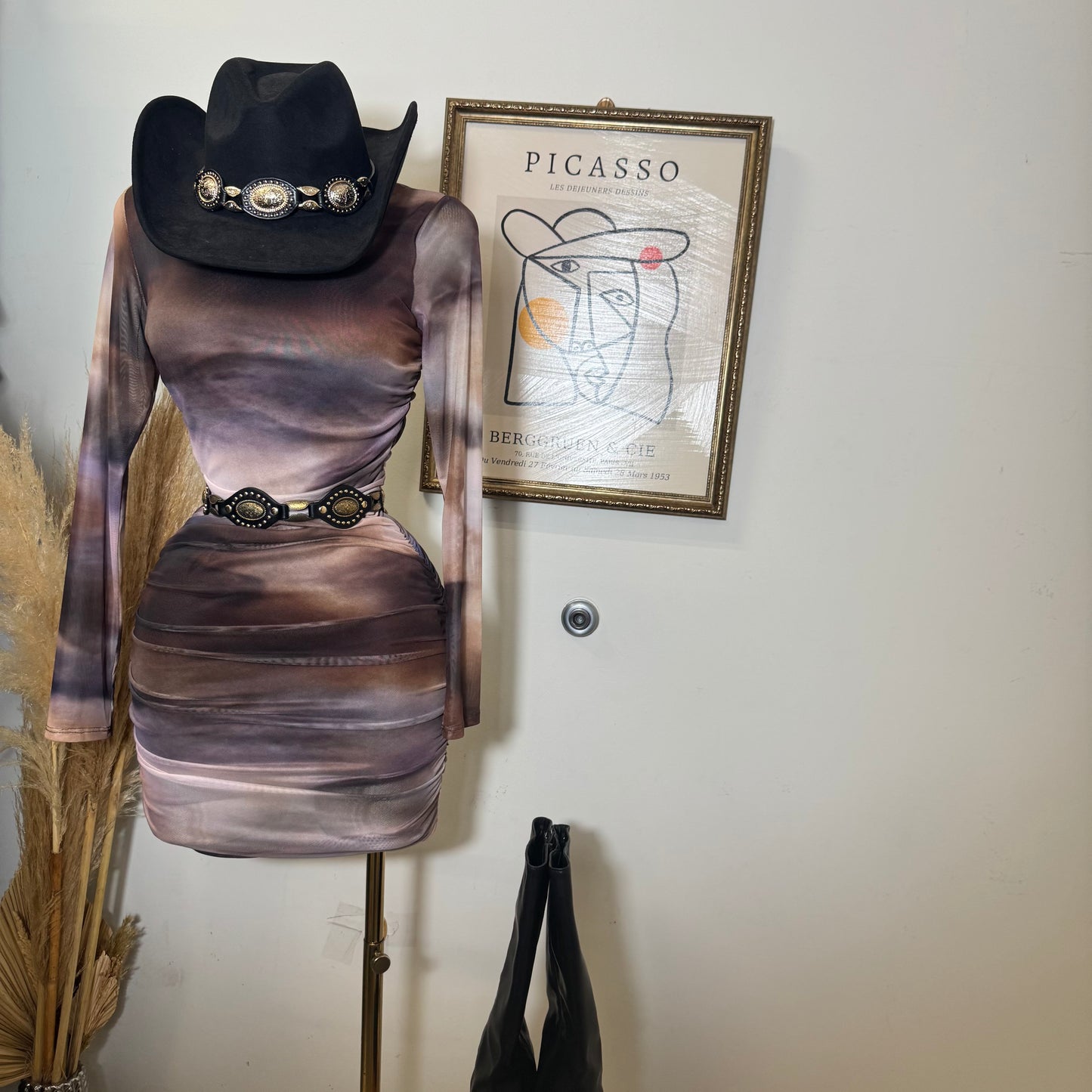 Multi Colored Mesh Long Sleeve Mini Dress-Brown Combo