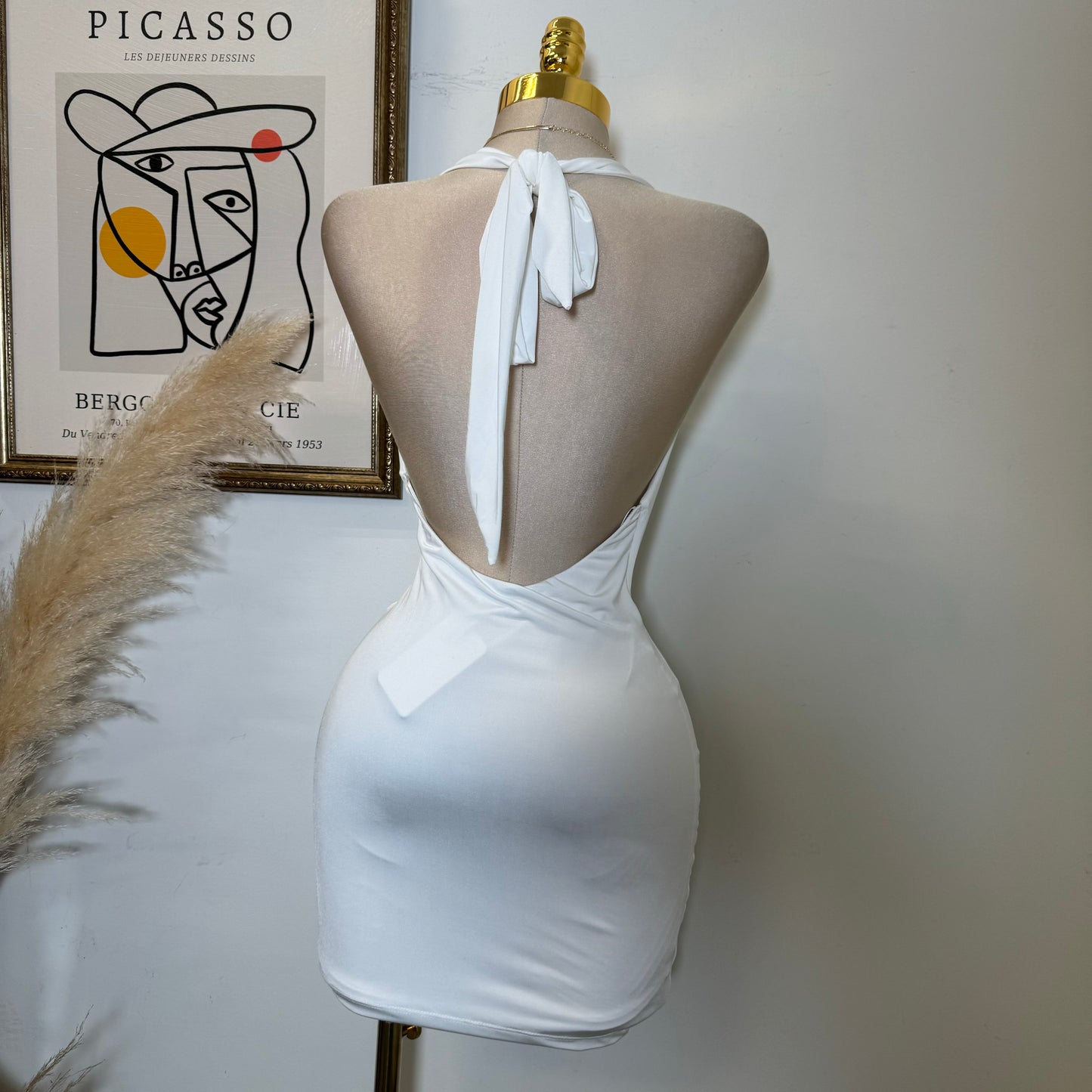 Cowl Halter Mesh Dress-White