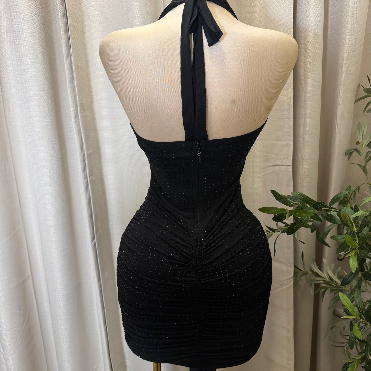 EMBELLISHED MESH COWL NECK MINI DRESS-Black