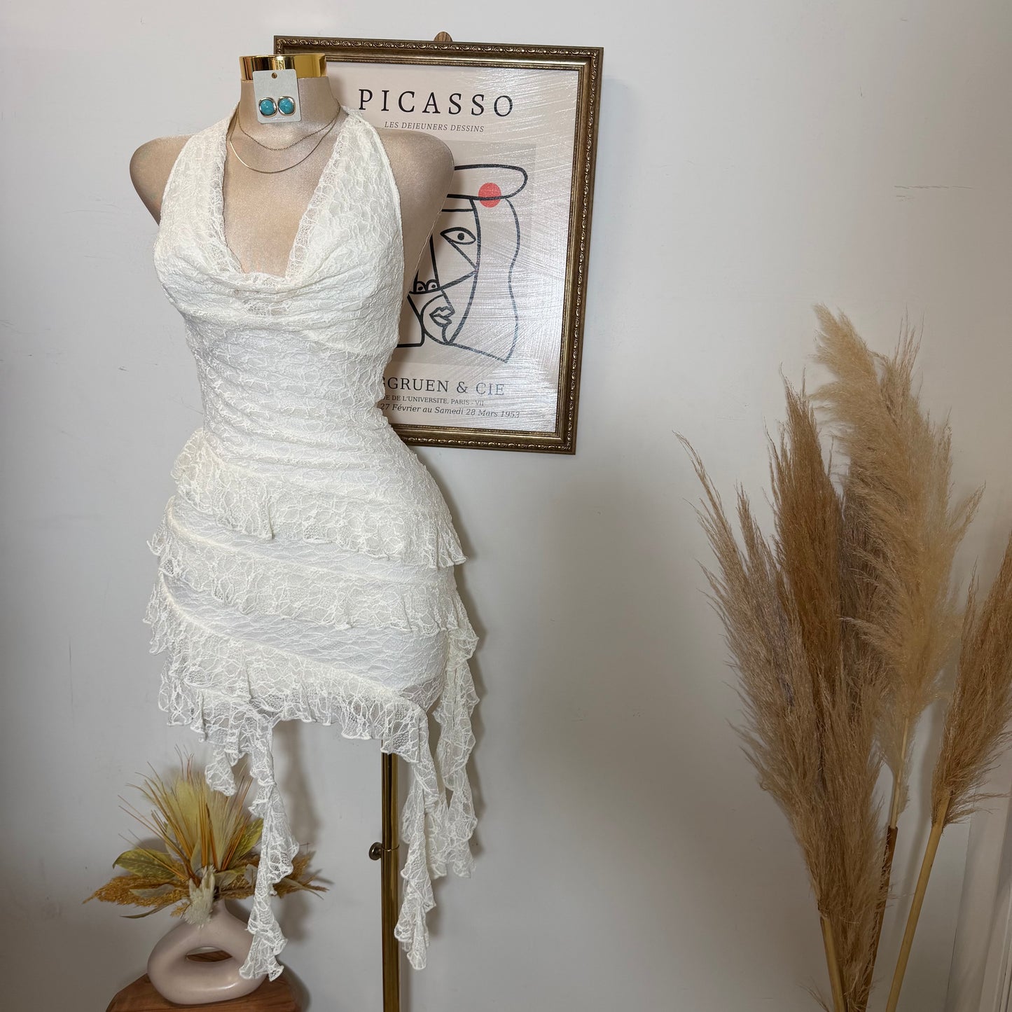 Halter Lace Mini Dress with Layered skirt-Ivory