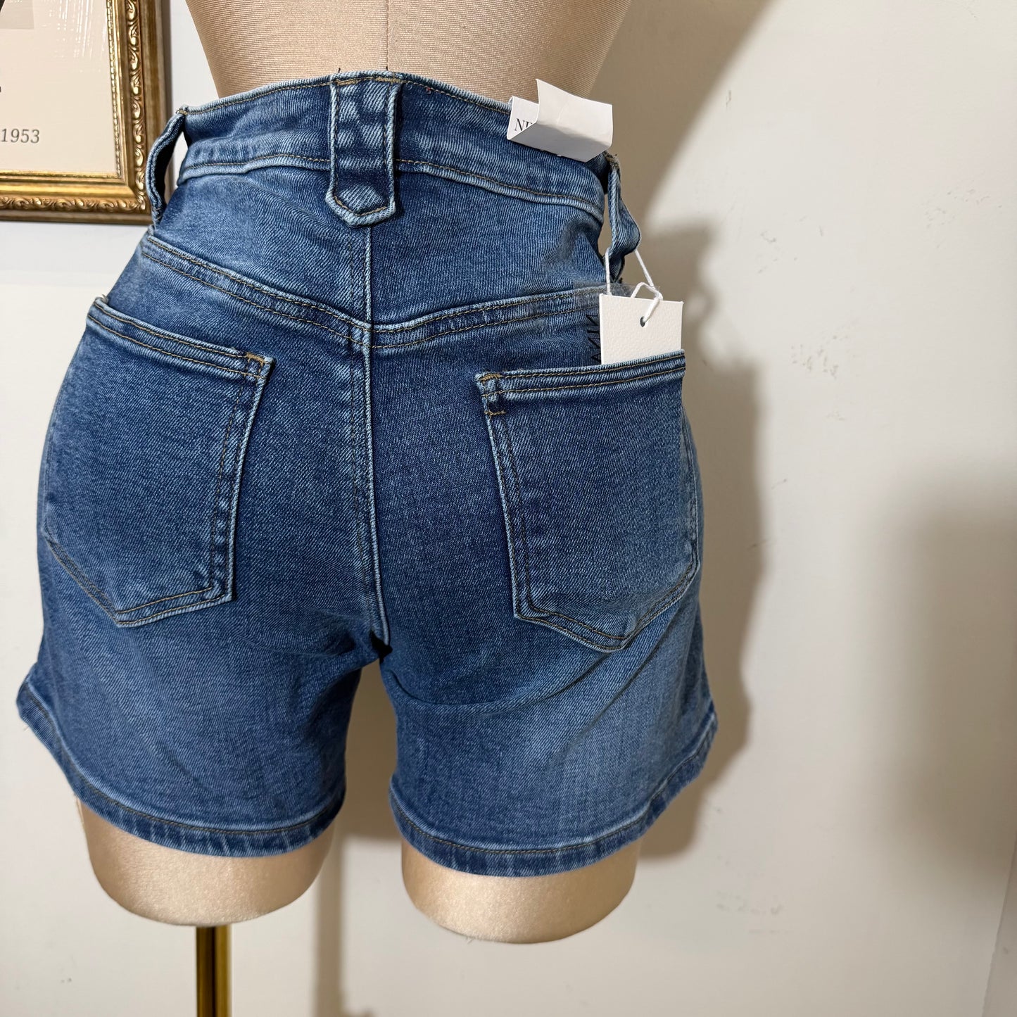 High Waisted Shorts Silver Button-Medium Wash