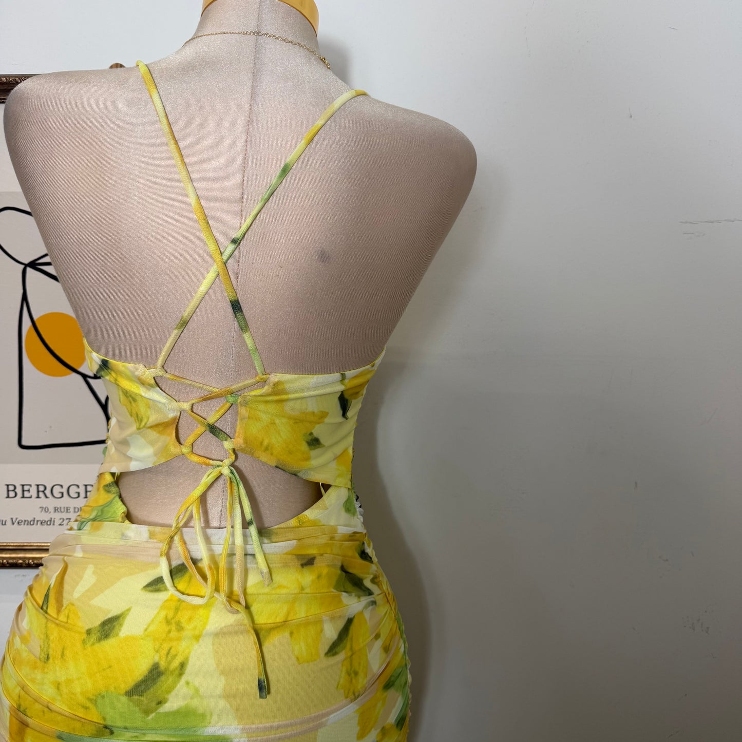 Mesh Print Midi Dress-Lemon