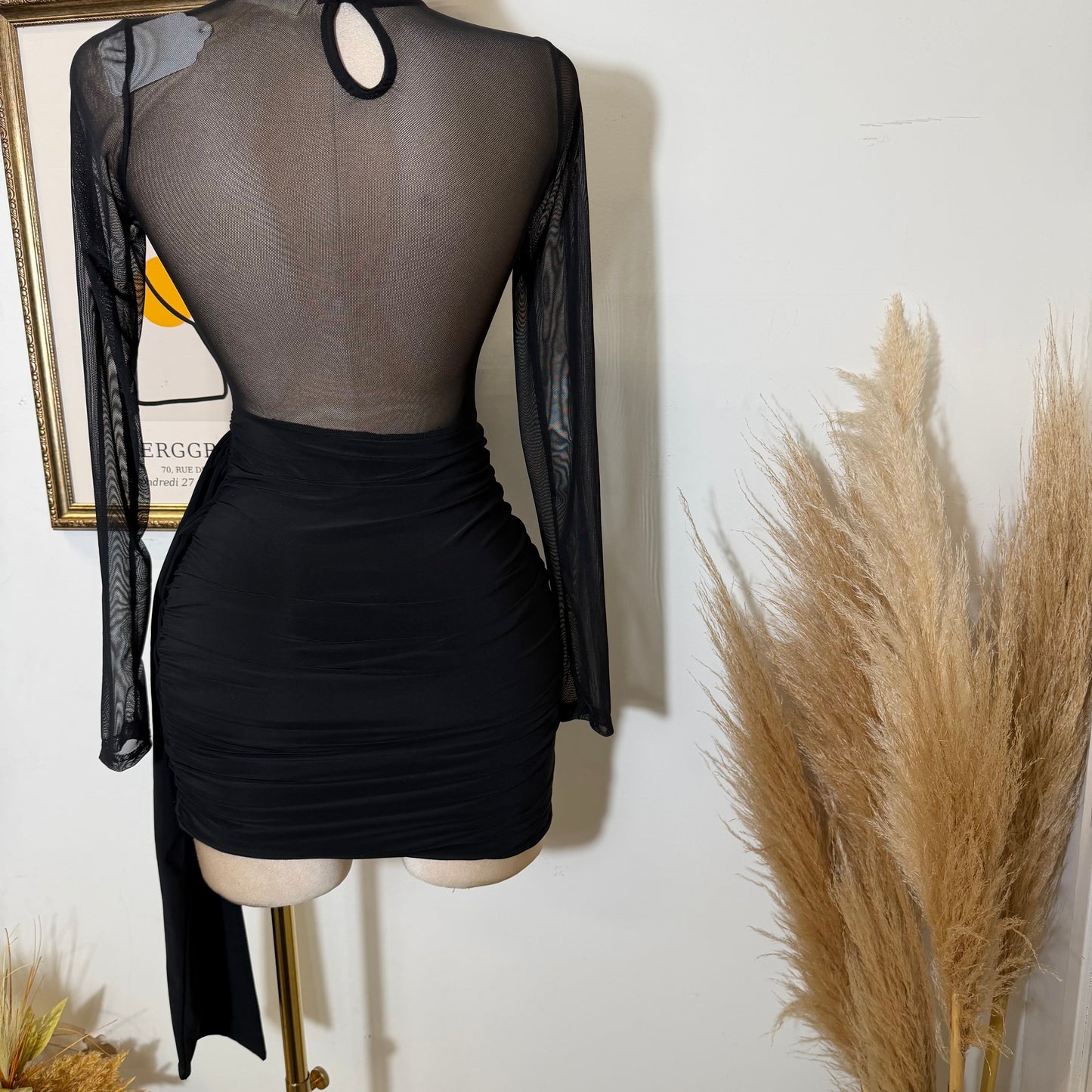 Solid Fabric with Mesh Match Mini Dress-Black