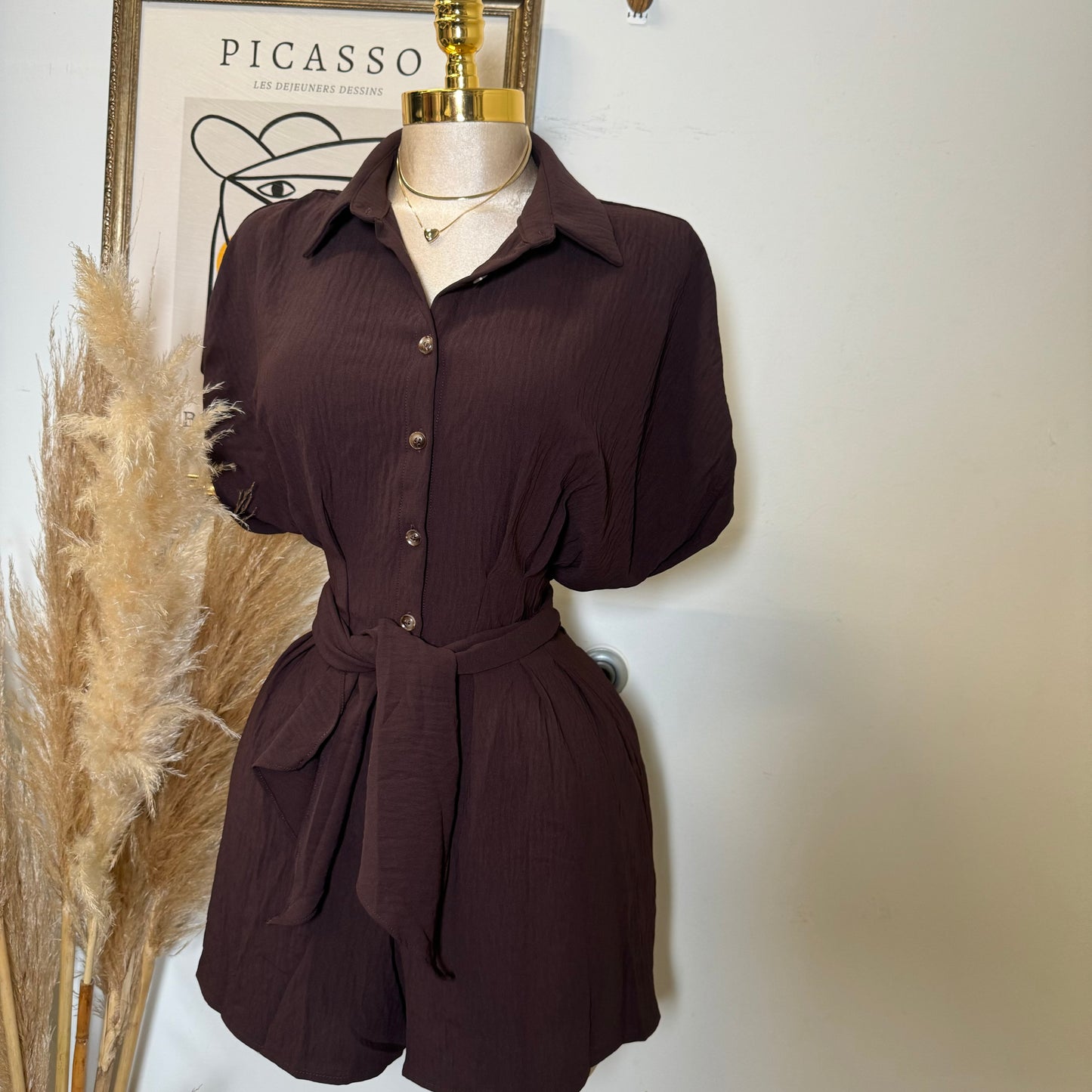 Crinkle Textured Dolman Sleeve Shirt Belted Romper -Brown