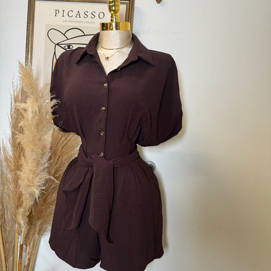 Crinkle Textured Dolman Sleeve Shirt Belted Romper -Brown
