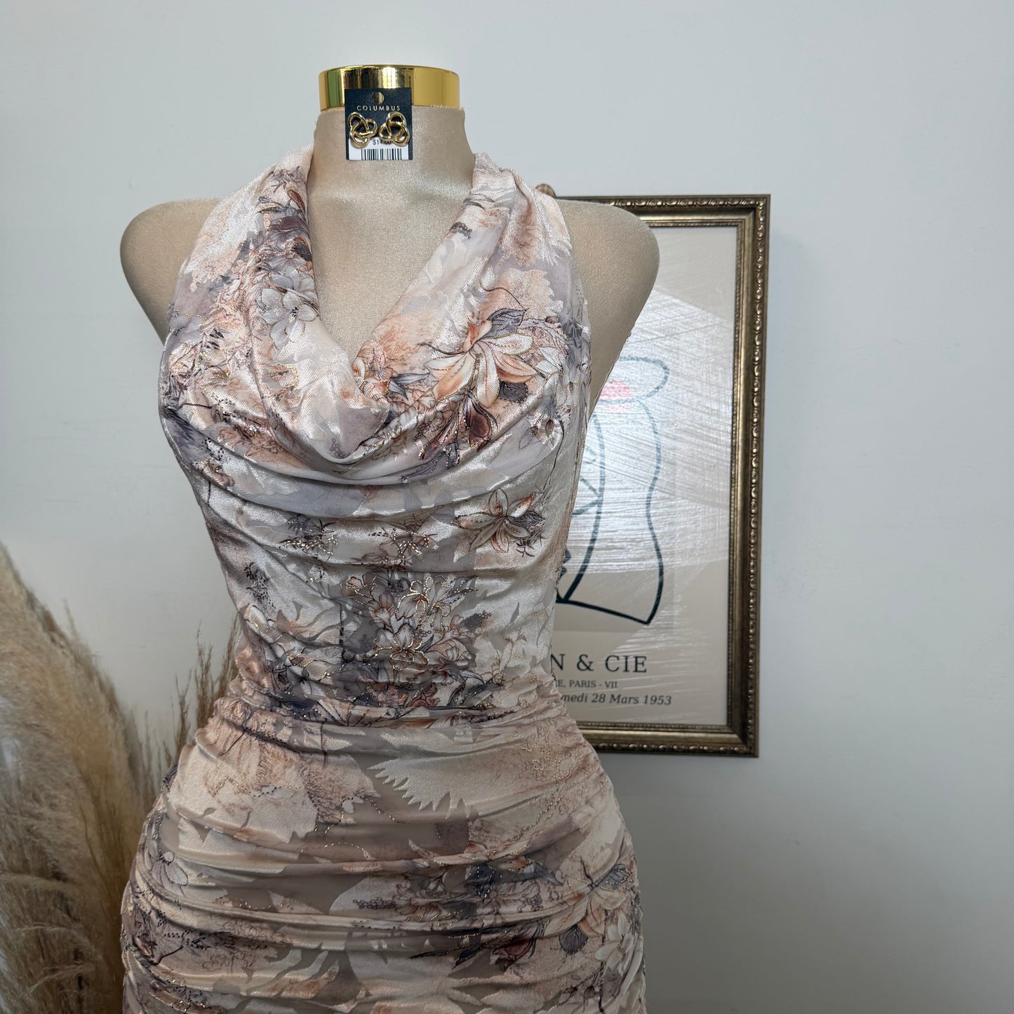 Metallic Printed Mesh halter Ruched Midi Dress-Taupe multi