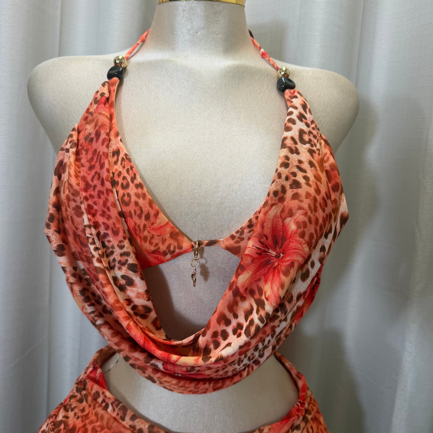 Floral halter open-Back Shirt set-Orange