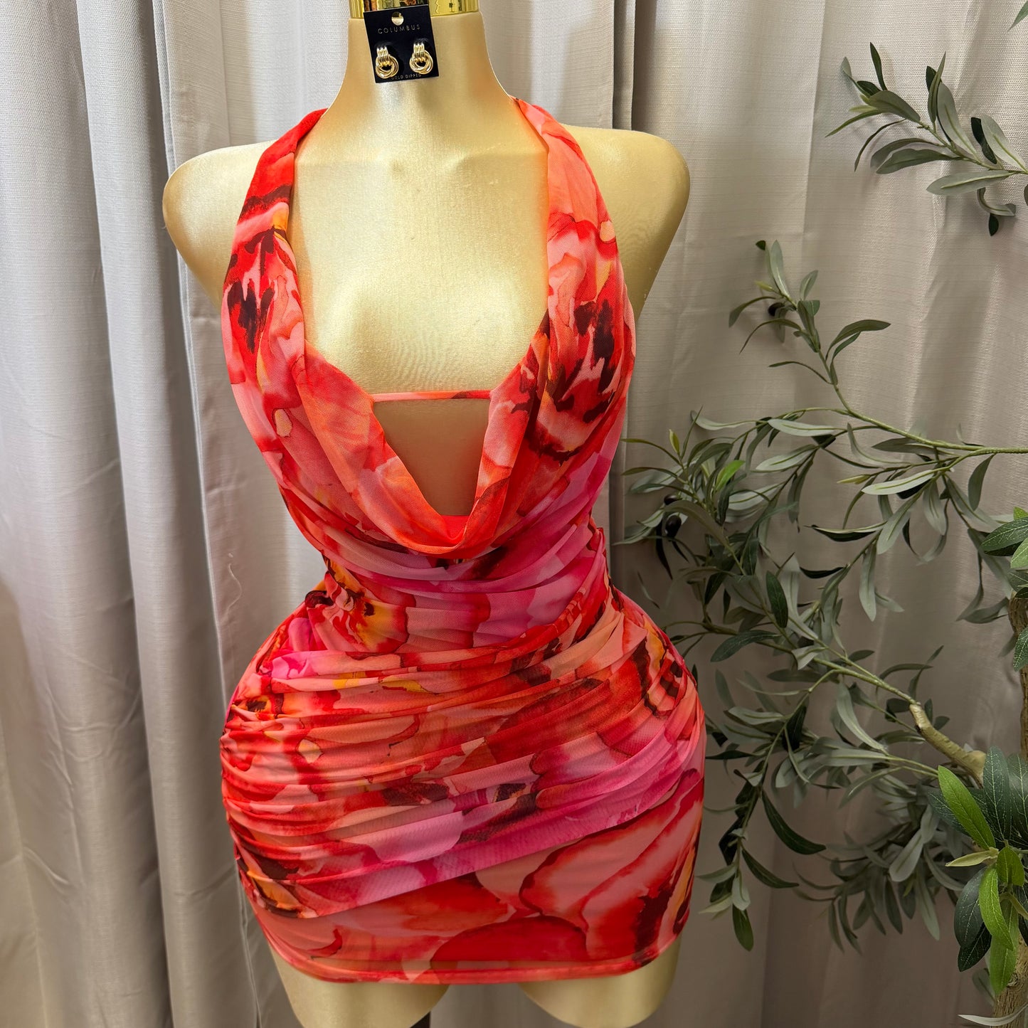 Floral Mesh Mini Dress-Red