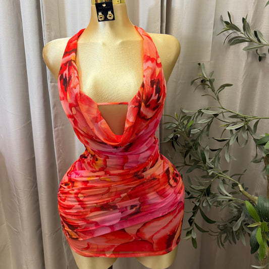 Floral Mesh Mini Dress-Red