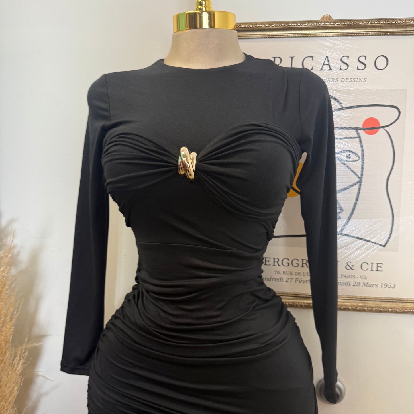 Long Sleeve Double Layered Midi Dress-Black