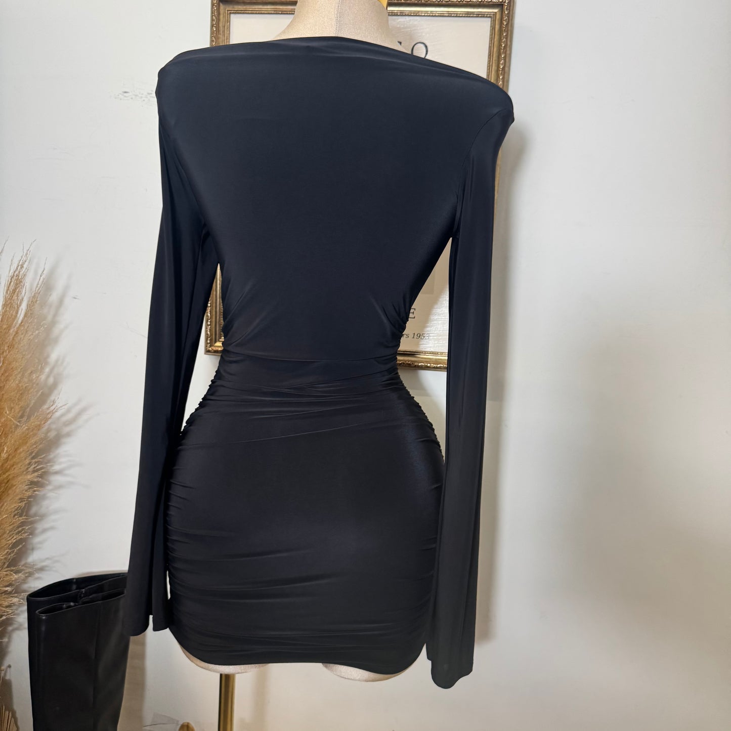 Long Bell Sleeve Boat Neckline Mini Dress-Black