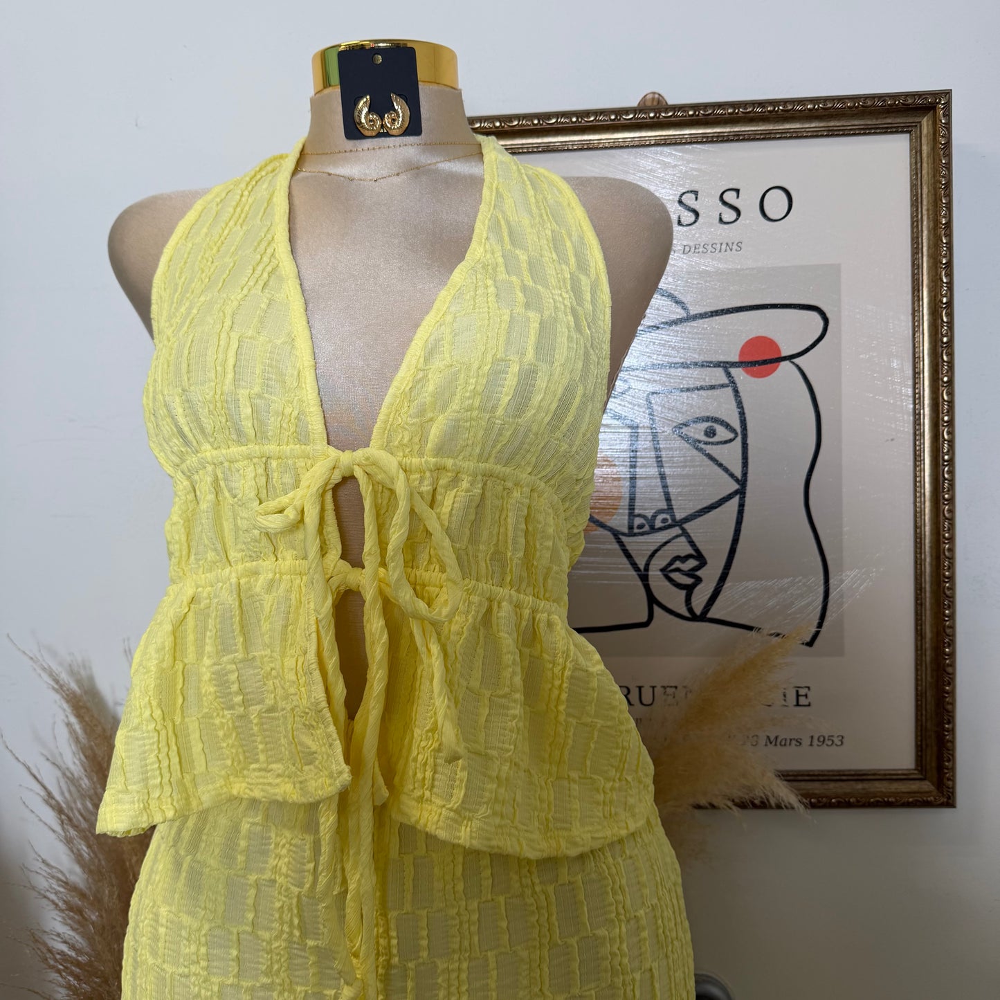 Front Tie Spaghetti Tie Halter Neck Top and pant set-Light Yellow
