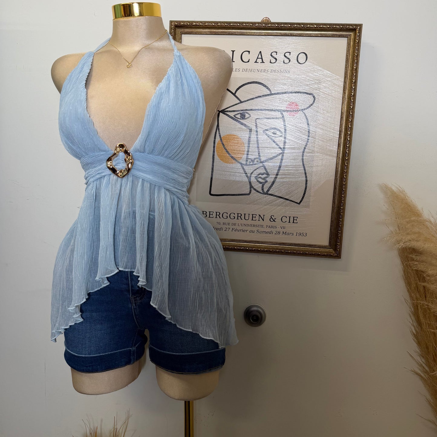 Textured Open back Top With Trim-Blue