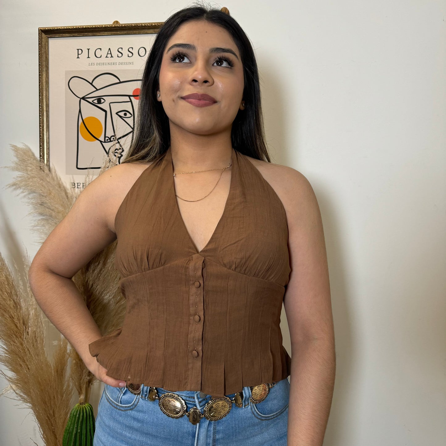 Halter button down Top-Brown