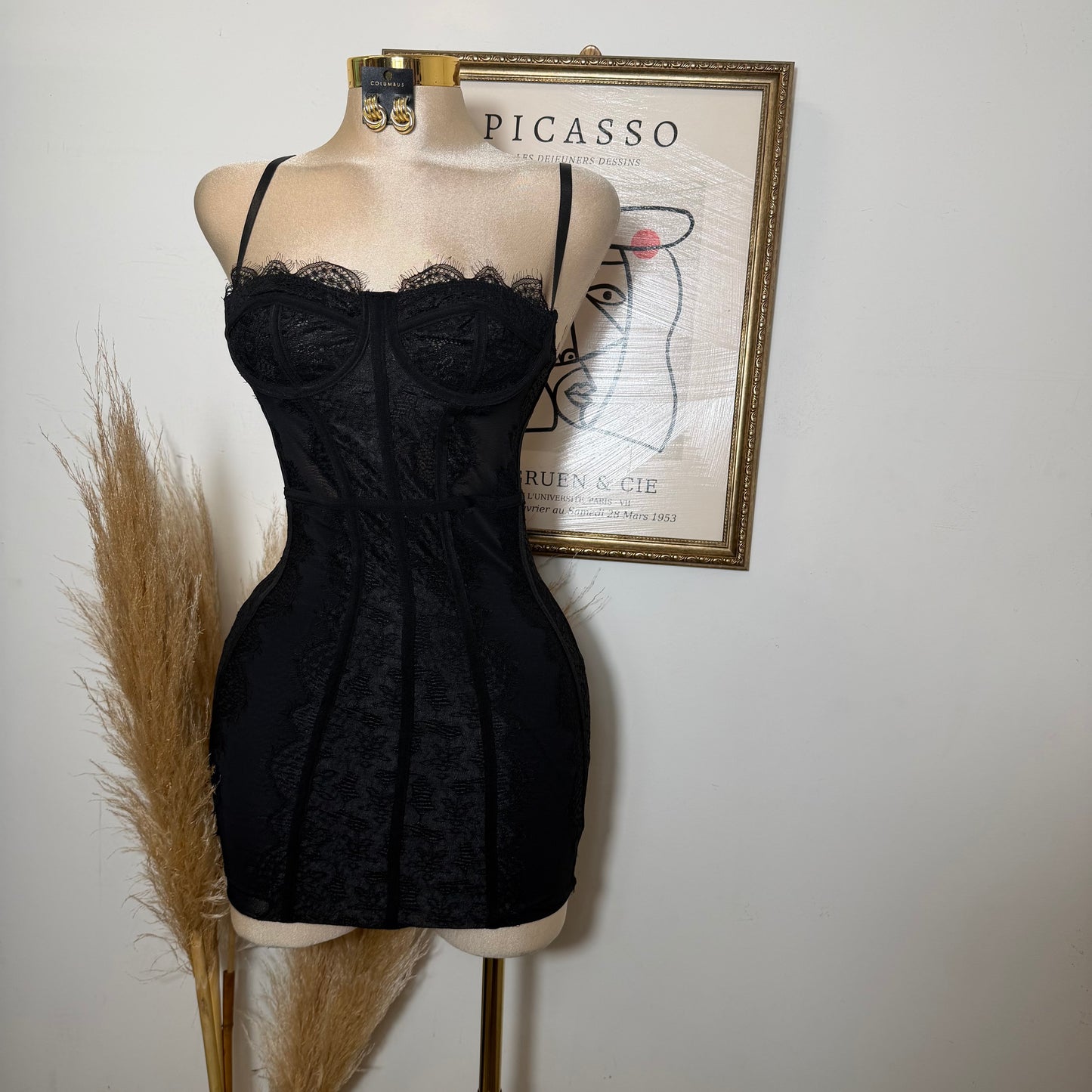 Lace Mesh Dress-Black