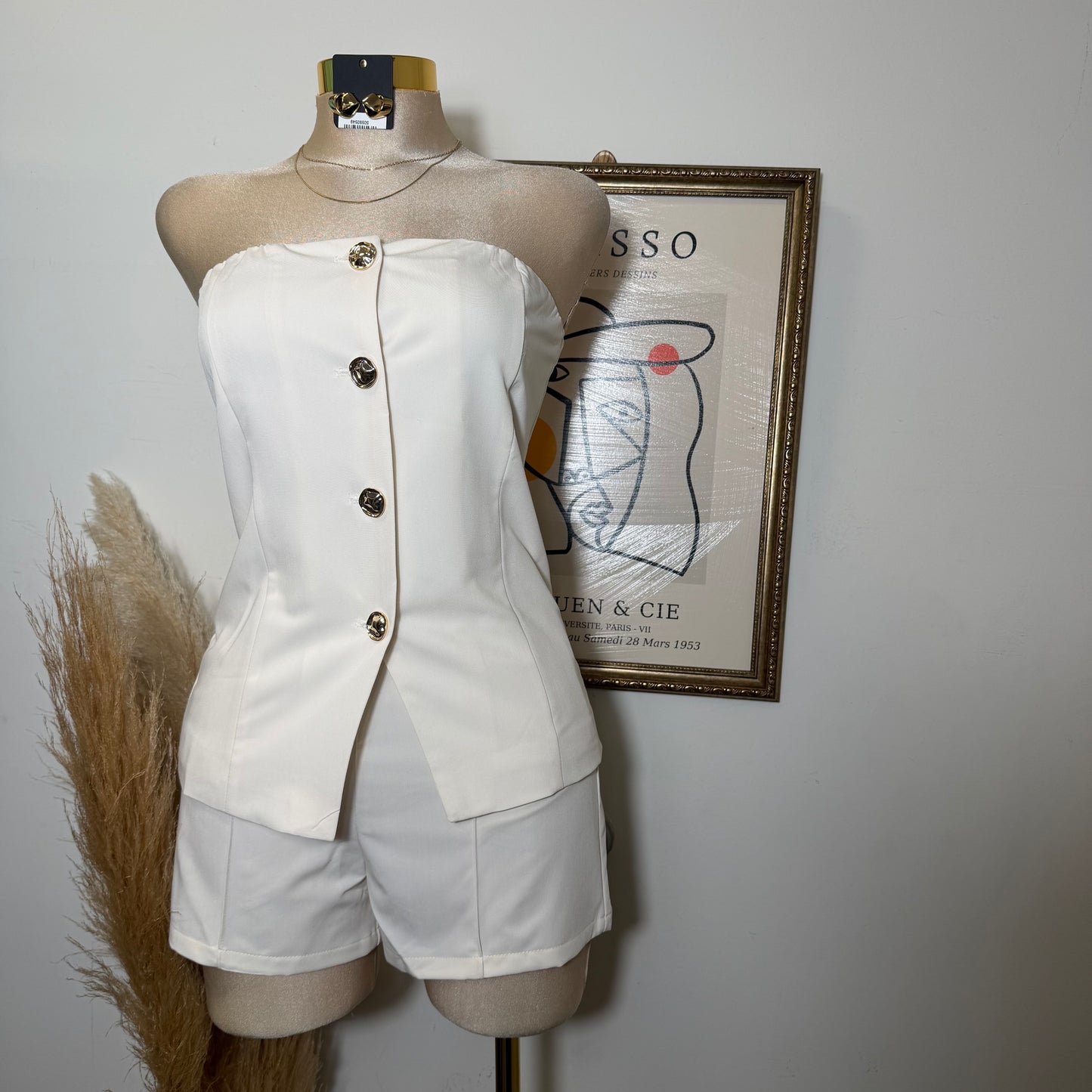 Strapless Gold Button Top Short Set-Ivory