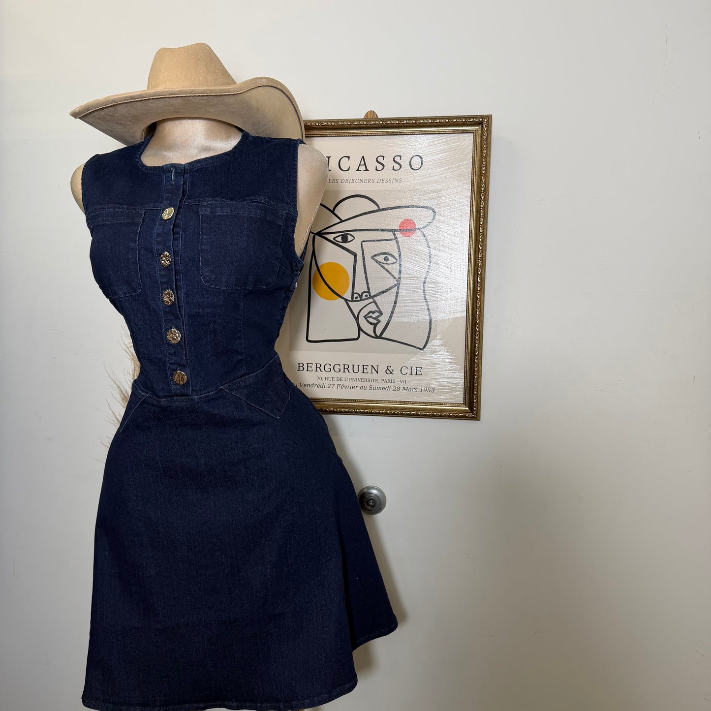 Round Neck Midi Denim Dress-Indigo