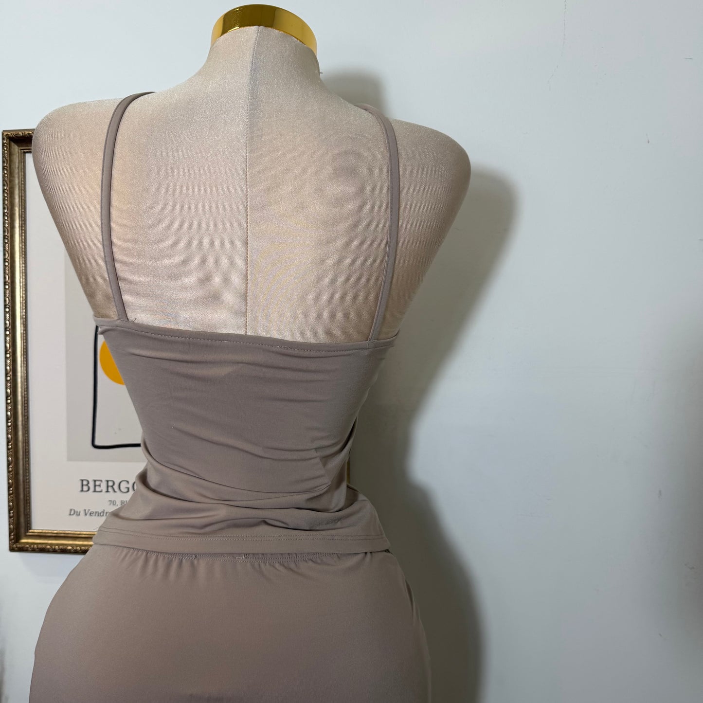 Keyhole Halter Top W/ Midi Skirt Set-Taupe