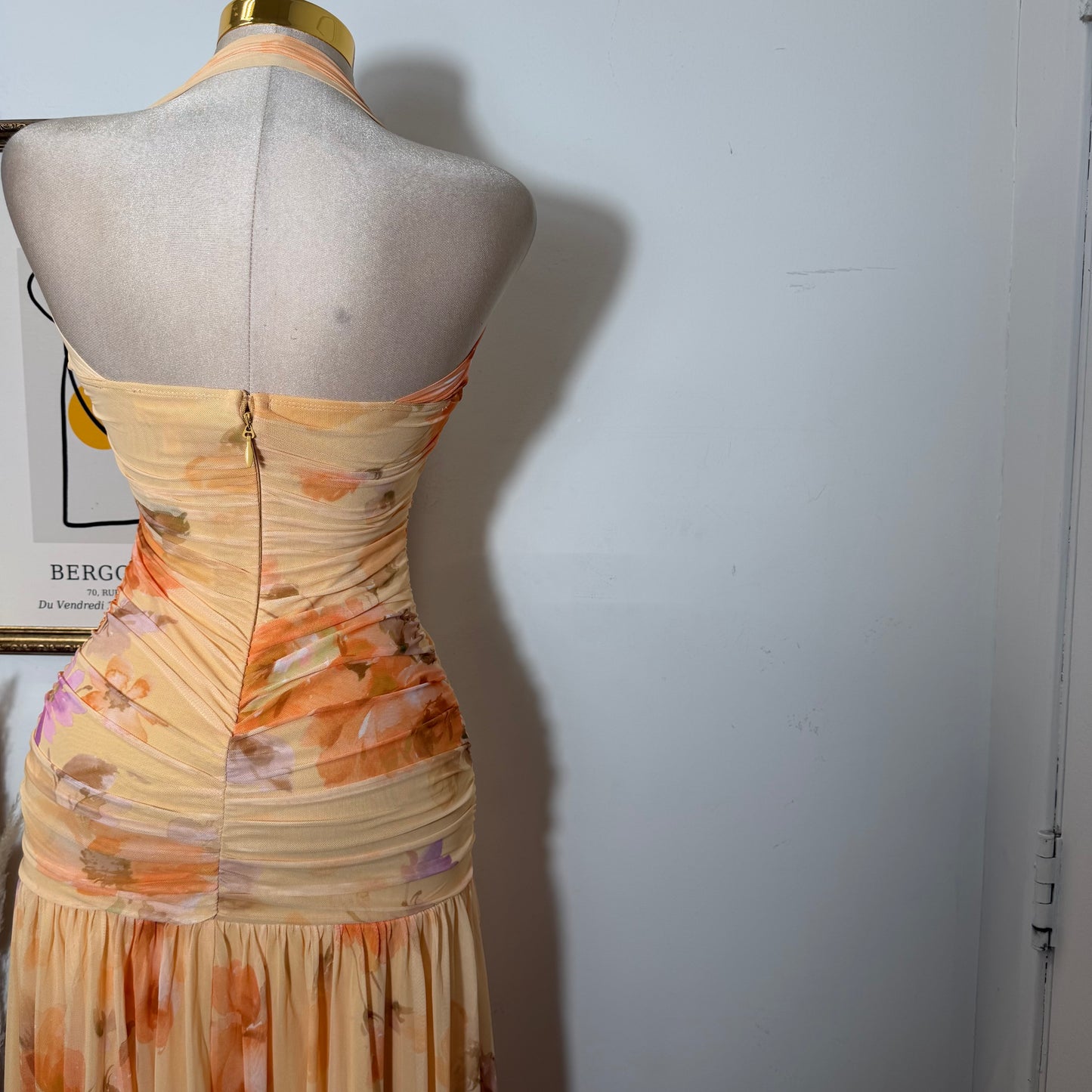 Printed Mesh Strapless Ruched Asymmetric maxi Dress-Peach Orange