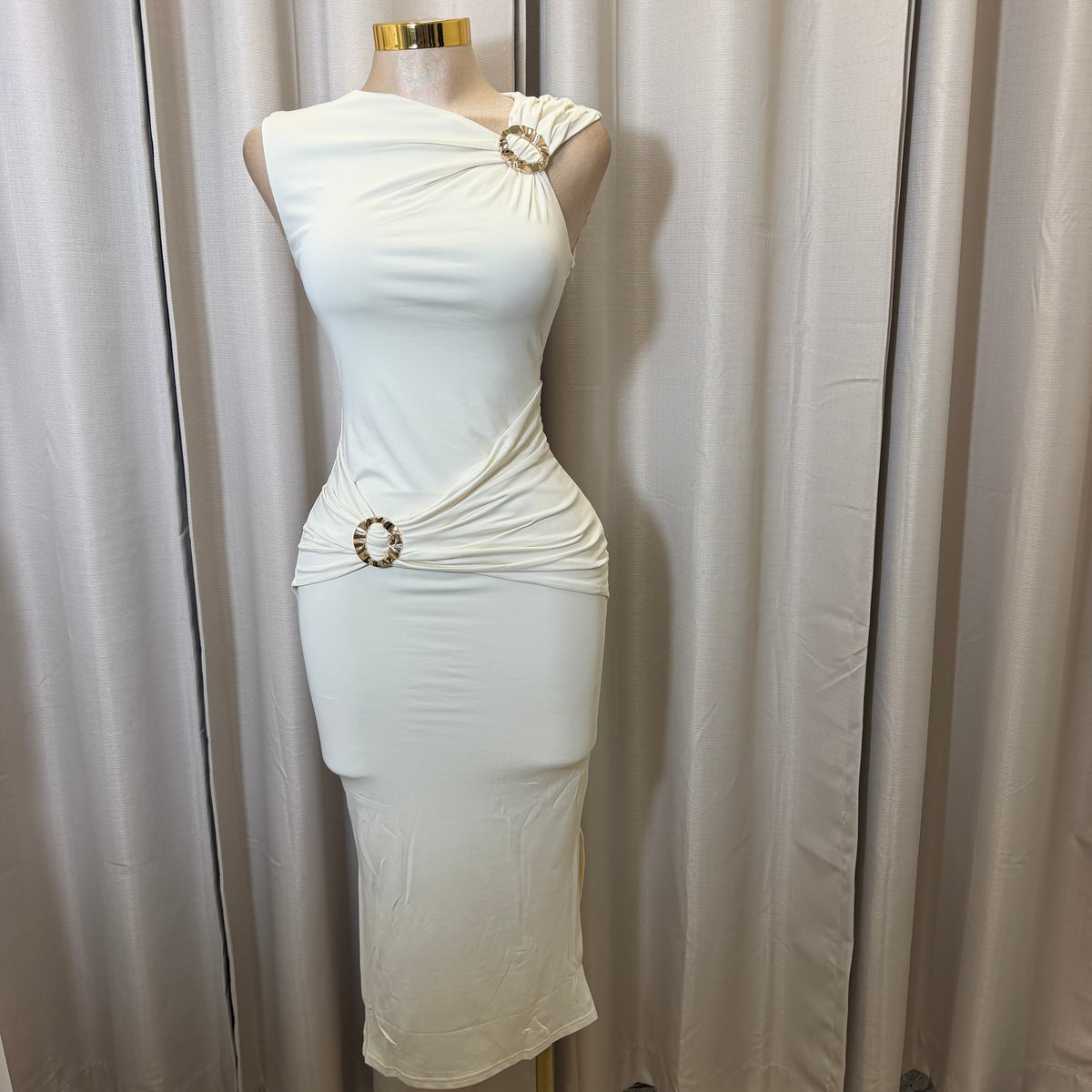 Ring Detail Ruched Midi Dress-Cream/White