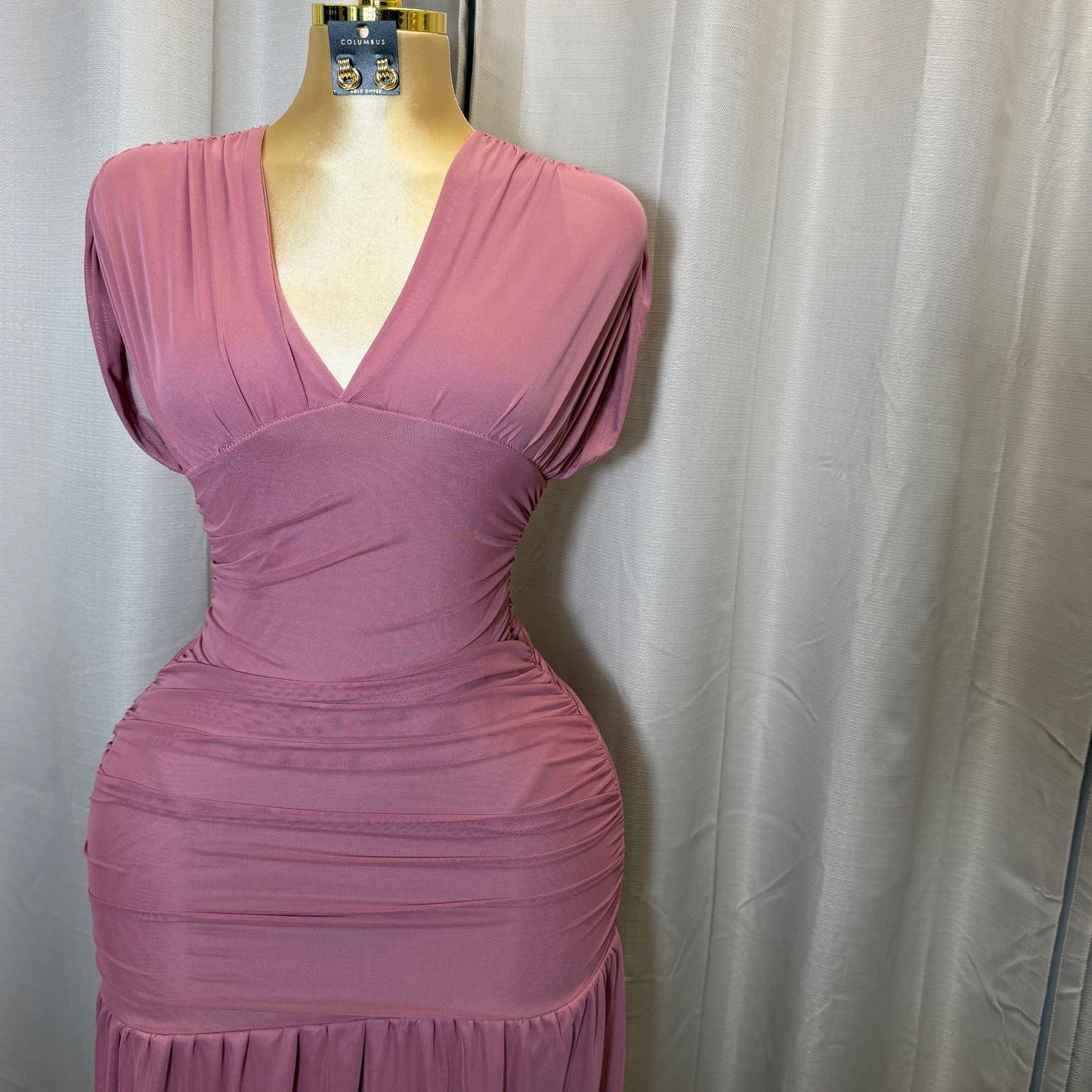V Neck Mesh Maxi Dress-Pink