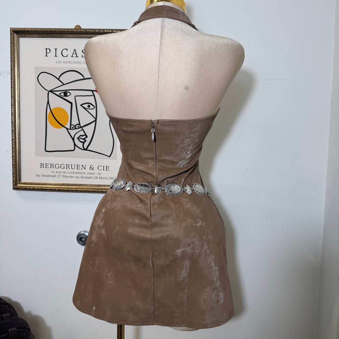 Front Gromment lace up Halter flare mini Dress-Camel