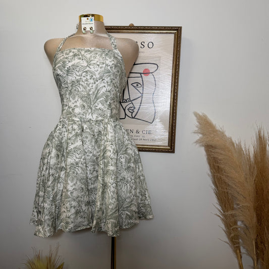 Tropical Toile Halter Mini Dress-Beige/Olive