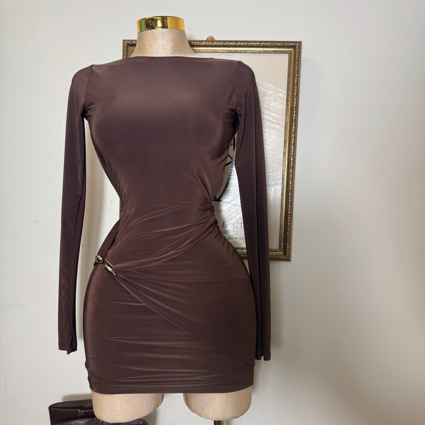 Long Sleeve Drape Trim Detail Mini Dress-Brown
