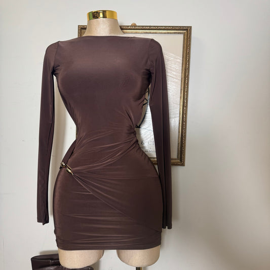 Long Sleeve Drape Trim Detail Mini Dress-Brown