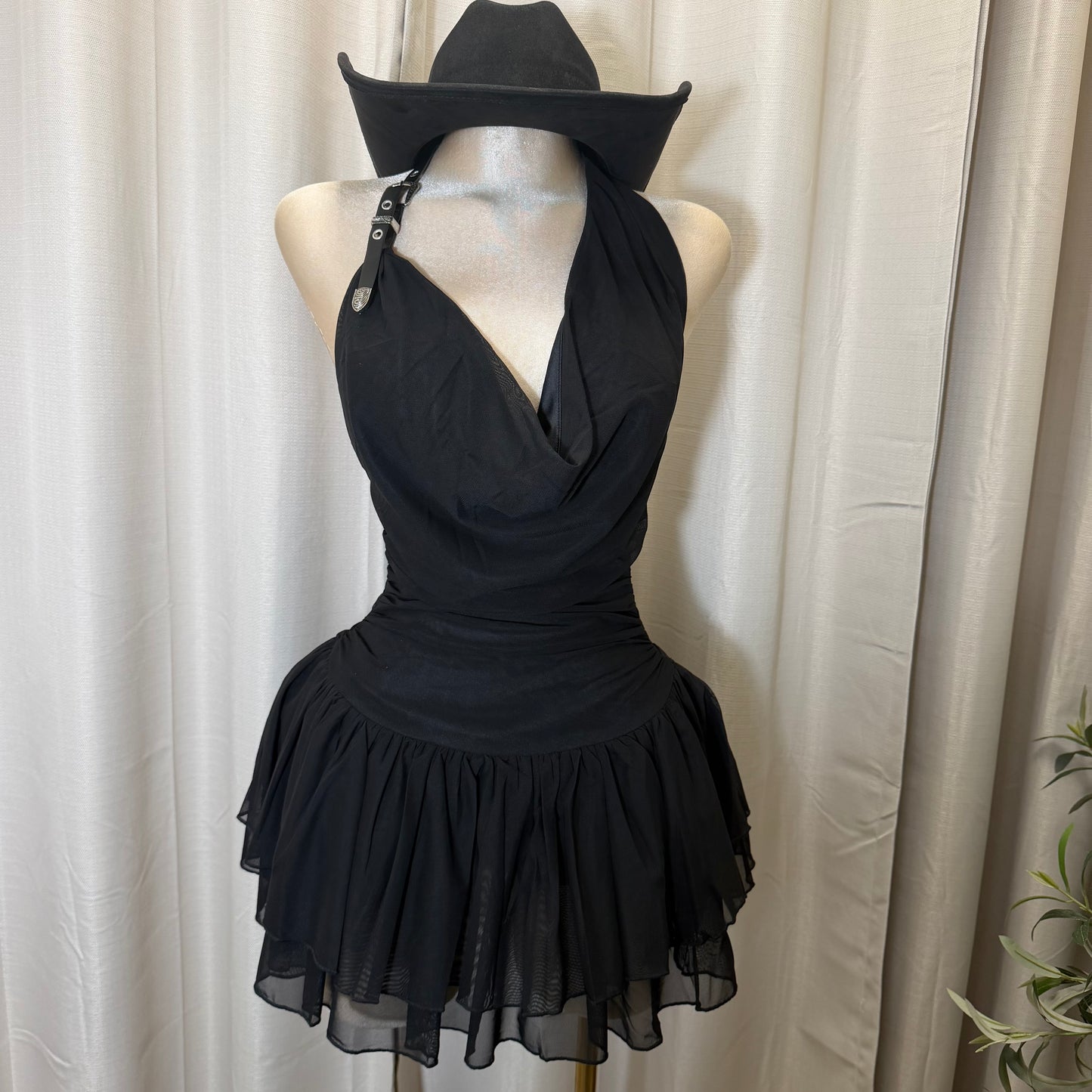 Buckle Halter Ruched Mini Fit and Flare Dress-Black