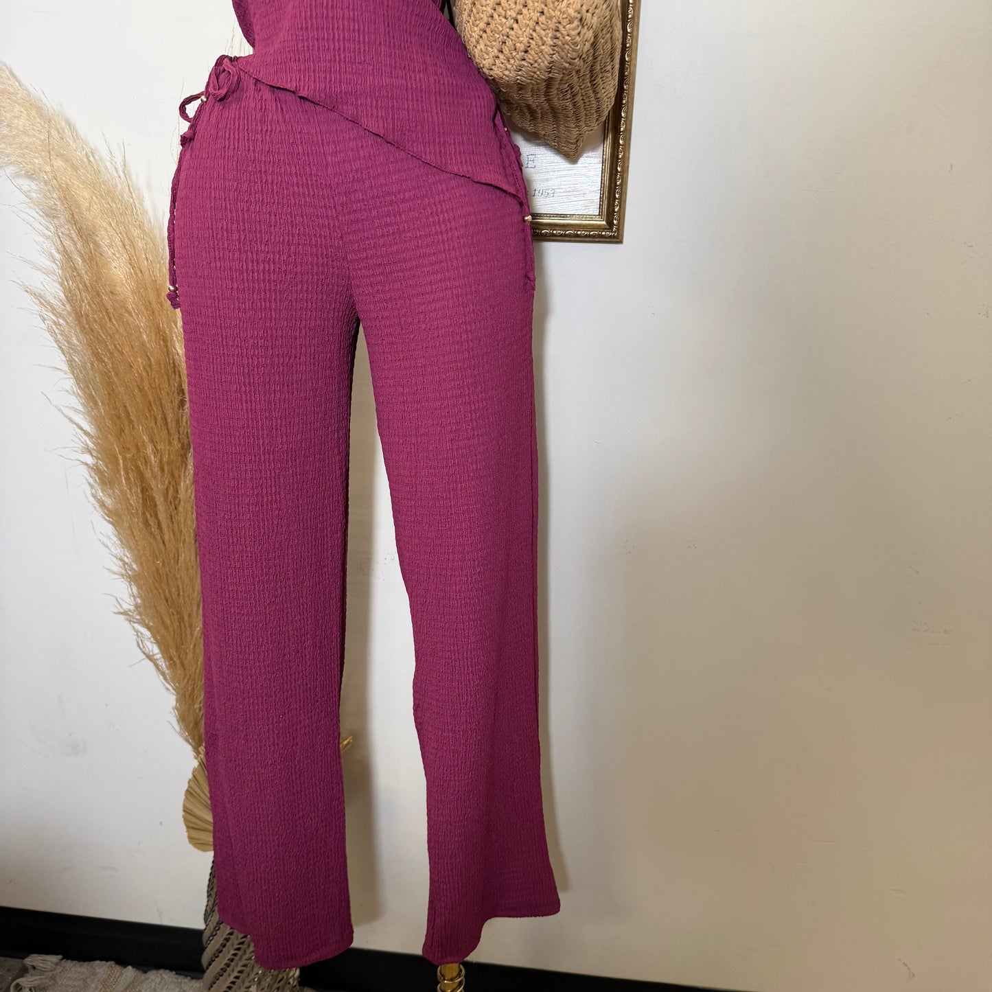 Asymmetrical hem Halter Top Wide leg Set-Berry