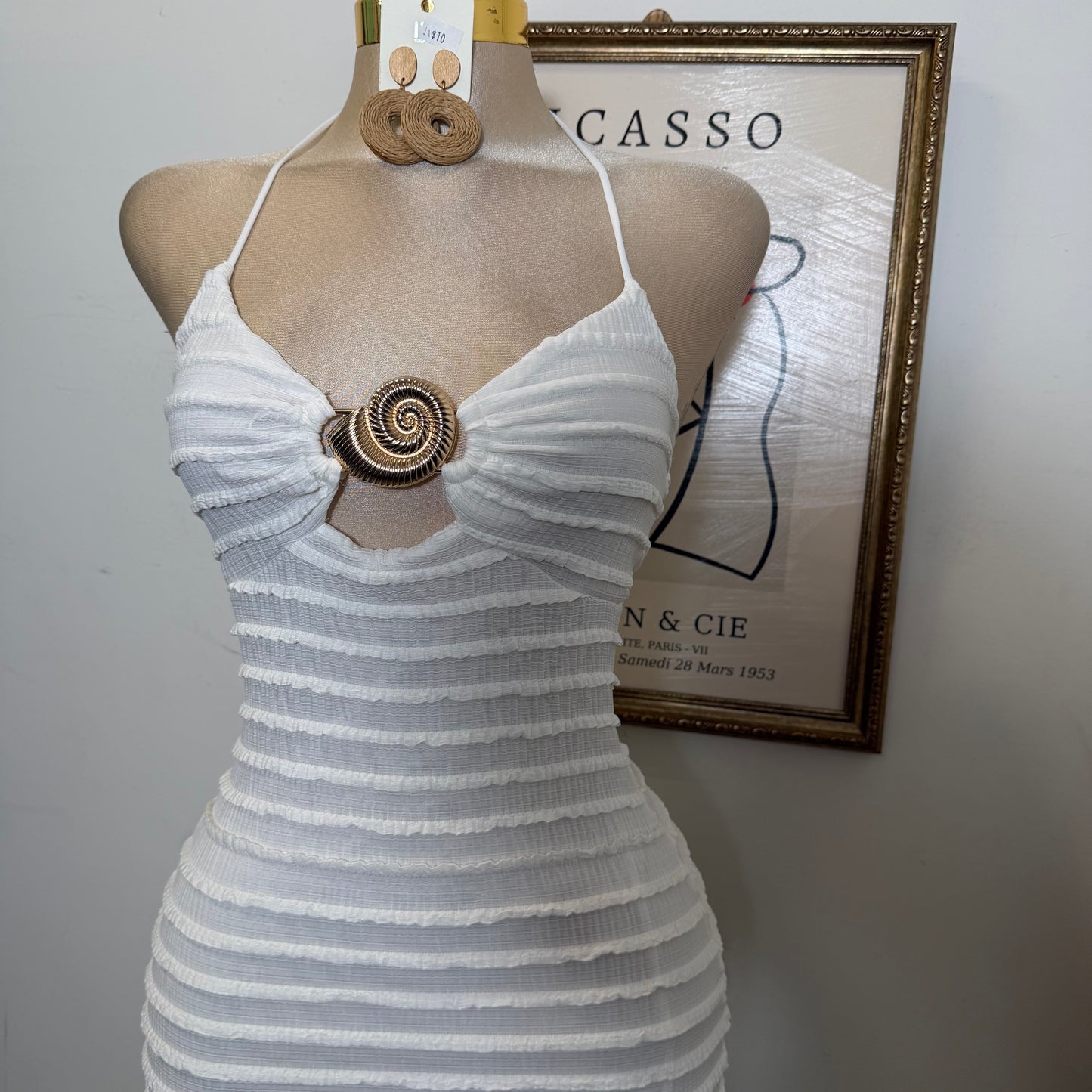 Texture Fabric Turban Shell Metal Trim Halter Maxi Dress-Ivory
