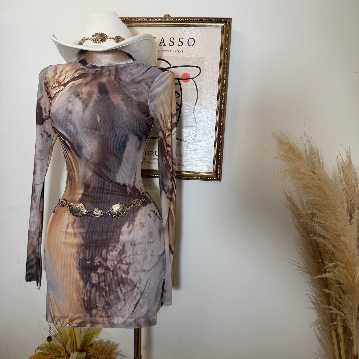 TORY Mesh Long Sleeve Dress-Brown/Beige