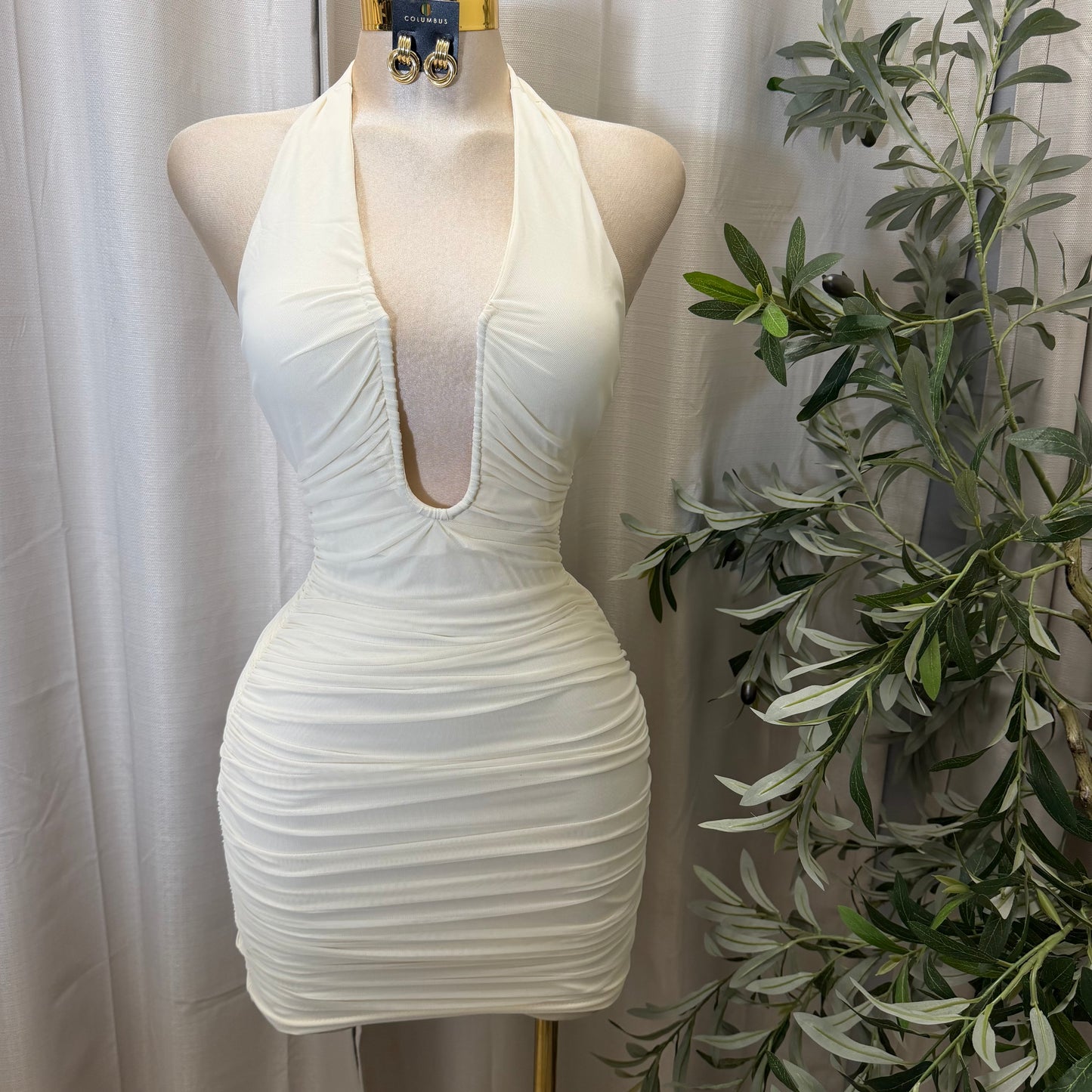 Ruched Plunging Halter Bodycon Mini Dress-Ivory
