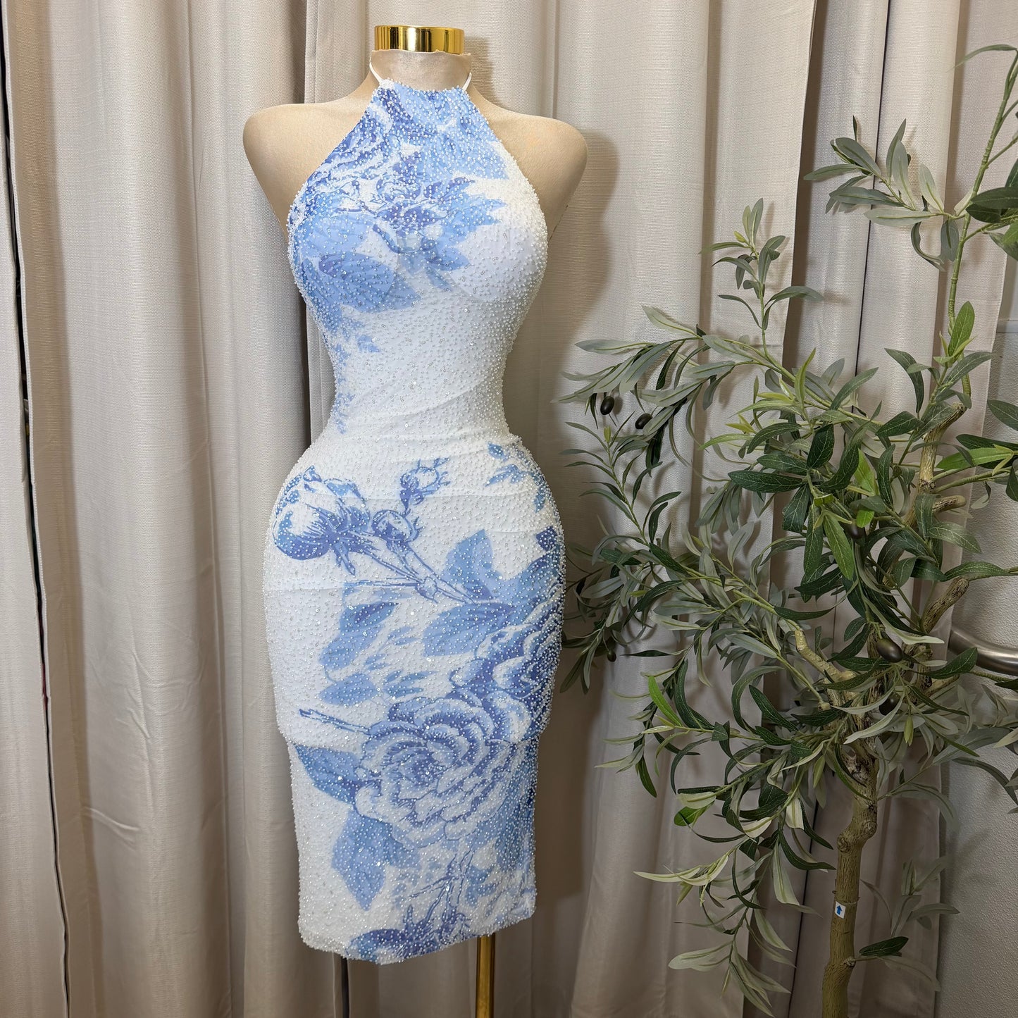 Halter Neck Open back Midi Dress-Blue/white