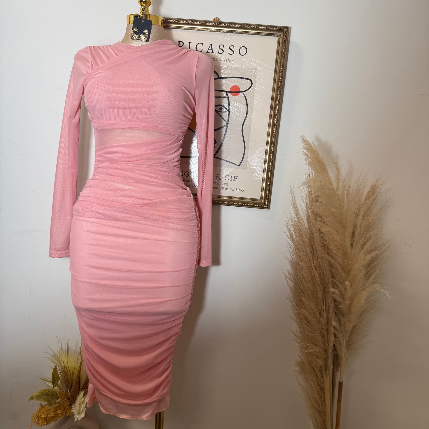 Solid Long Sleeve Mesh Dress-Baby Pink