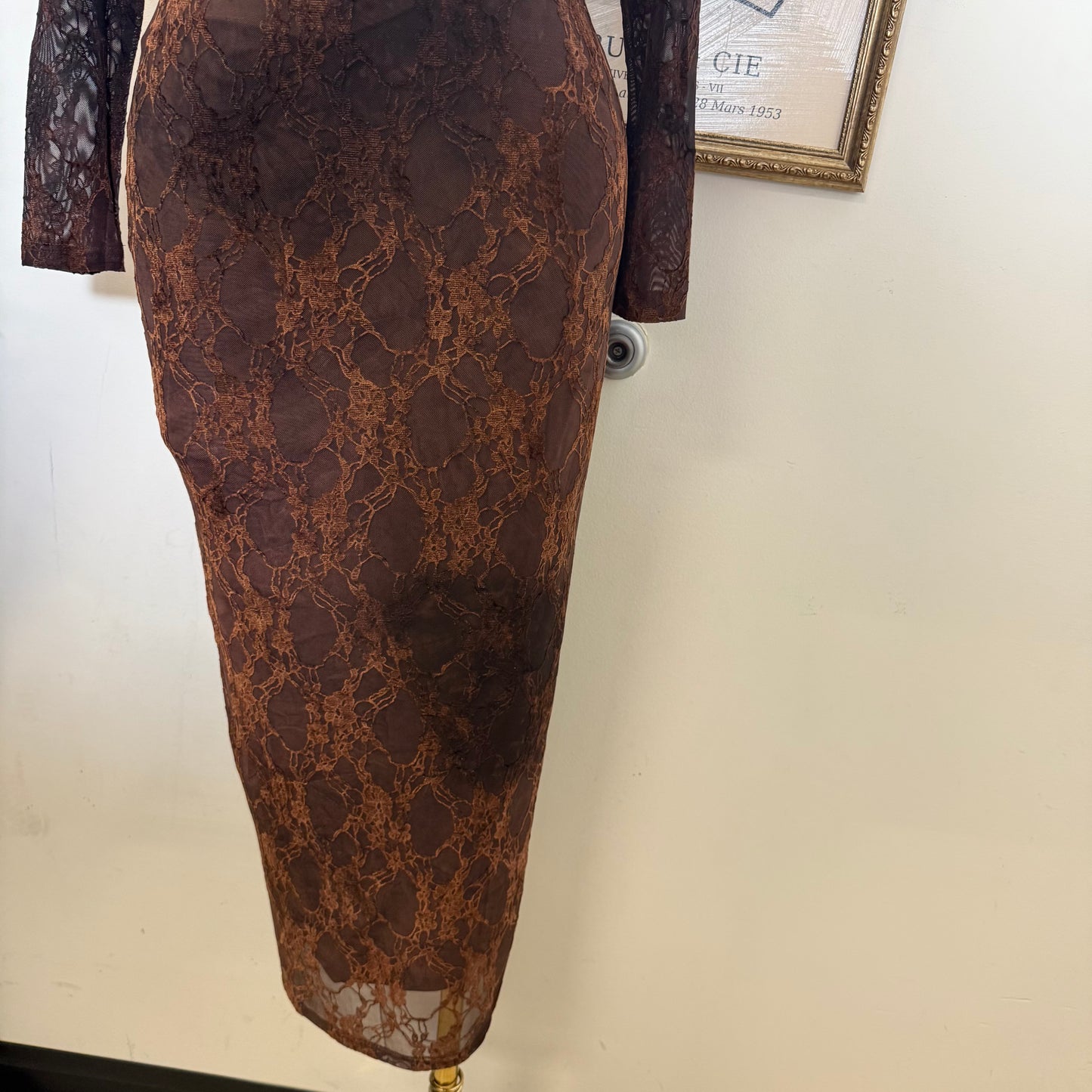 Tie Back Burnout Mesh Print Long Sleeve Maxi Dress-chocolate