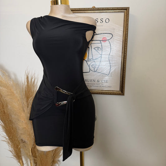 Halter Drape Trim Detail Mini Dress-Black