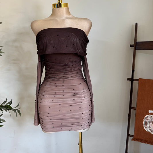 Off Shoulder Pearl ombré dress-Mocha
