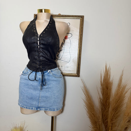 Tie Front Suede Crop Top-Black