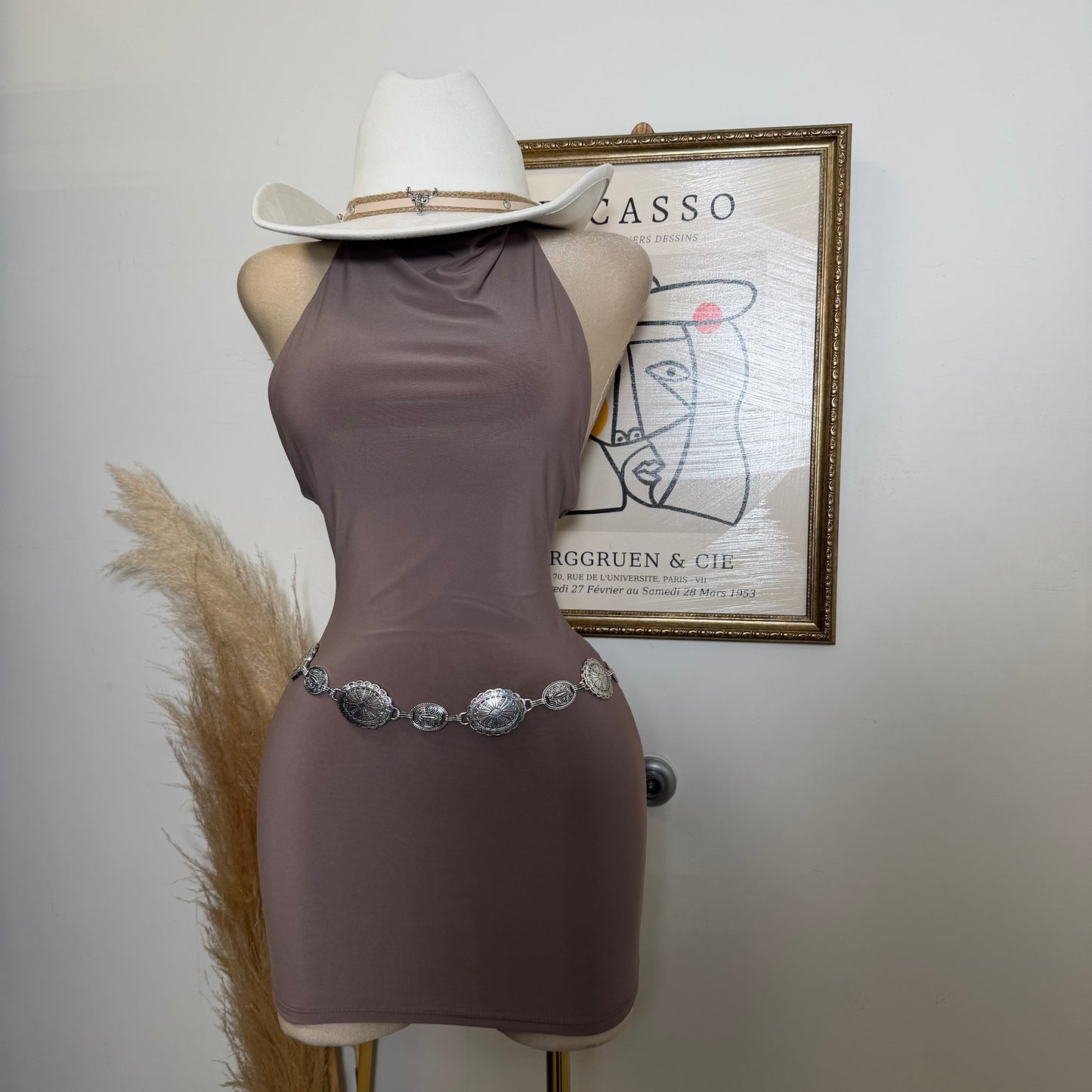Sleeveless Halter Cowl Neckline Mini Dress-Mocha