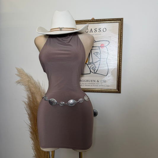 Sleeveless Halter Cowl Neckline Mini Dress-Mocha