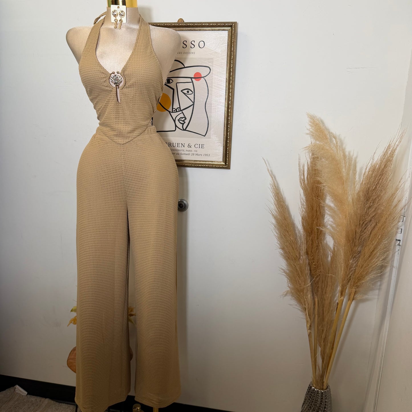 Waffle Knit Seashell Trim Top Wide leg Pant Set-Taupe