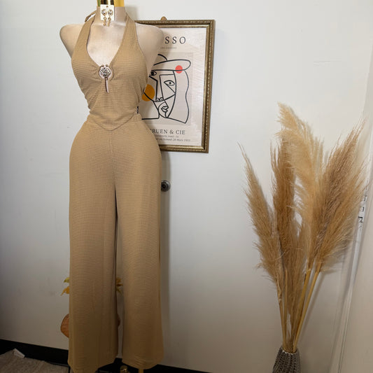 Waffle Knit Seashell Trim Top Wide leg Pant Set-Taupe