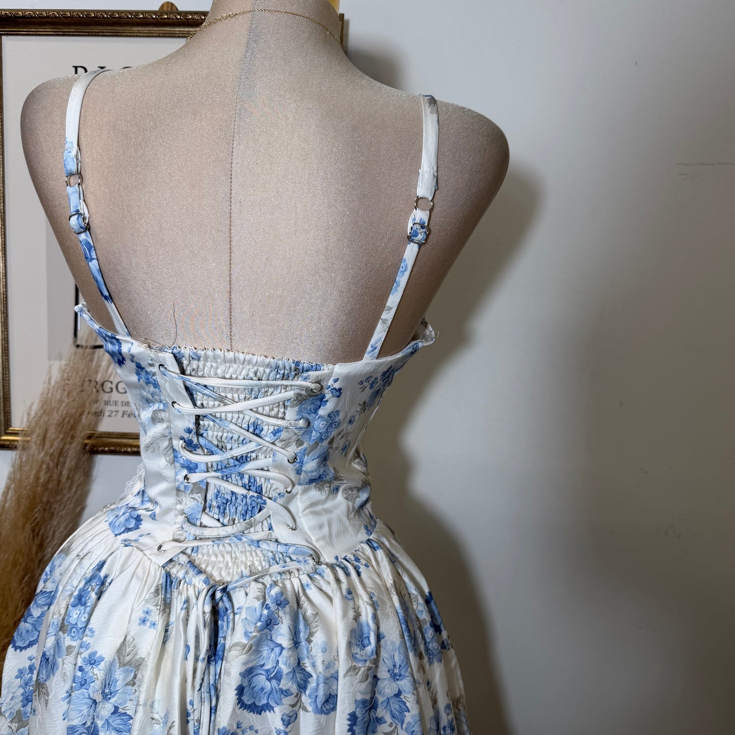 Corset Back Jacquard Mini Dress-Peach/Blue